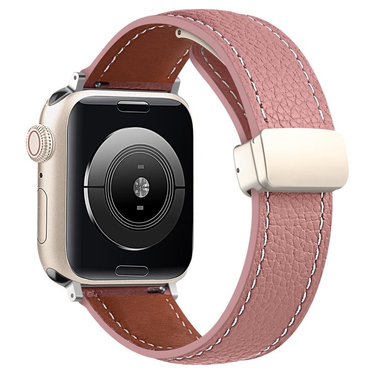 Folding Buckle Genuine Leather Watch Band for Apple Watch Series 8&7 41mm / SE 2&6&SE&5&4 40mm / 3&2&1 38mm(Dark Pink) by bashfashion
