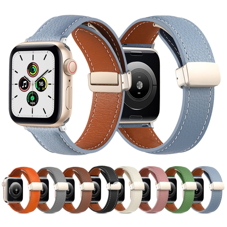 Folding Buckle Genuine Leather Watch Band for Apple Watch Series 8&7 41mm / SE 2&6&SE&5&4 40mm / 3&2&1 38mm(Beige) by bashfashion