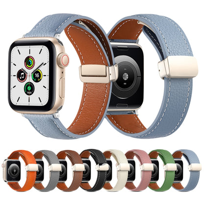 Folding Buckle Genuine Leather Watch Band for Apple Watch Series 8&7 41mm / SE 2&6&SE&5&4 40mm / 3&2&1 38mm(Beige) by bashfashion