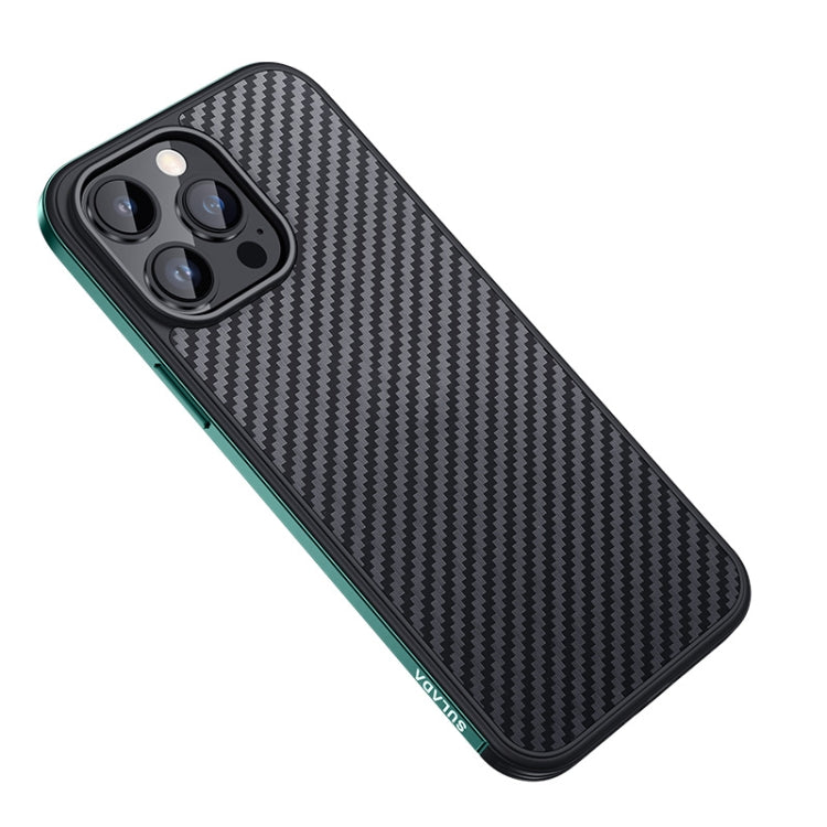 For iPhone 14 Pro SULADA Carbon Fiber Textured Shockproof Metal + TPU Frame Case(Dark Green) by SULADA