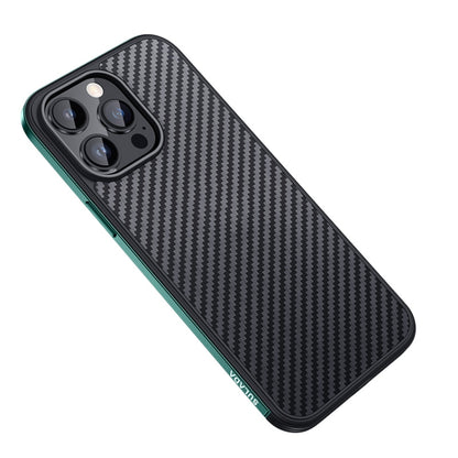 For iPhone 14 Pro SULADA Carbon Fiber Textured Shockproof Metal + TPU Frame Case(Dark Green) by SULADA