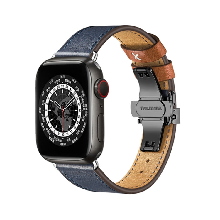 Butterfly Buckle Genuine Leather Watch Band For Apple Watch Ultra 49mm&Watch Ultra 2 49mm / Series 9&8&7 45mm / SE 3&SE 2&6&SE&5&4 44mm / 3&2&1 42mm(Blue-Brown+Black Buckle) by bashfashion