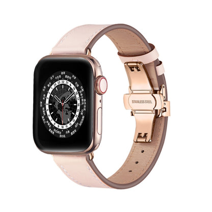 Butterfly Buckle Genuine Leather Watch Band For Apple Watch Ultra 49mm&Watch Ultra 2 49mm / Series 9&8&7 45mm / SE 3&SE 2&6&SE&5&4 44mm / 3&2&1 42mm(Light Pink+Rose Gold Buckle) by bashfashion