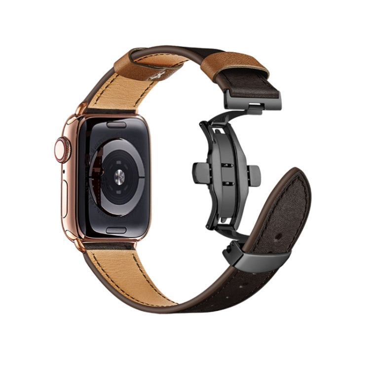 Butterfly Buckle Genuine Leather Watch Band For Apple Watch Series 9&8&7 41mm / SE 3&SE 2&6&SE&5&4 40mm / 3&2&1 38mm(Coffee+Black Buckle) by bashfashion