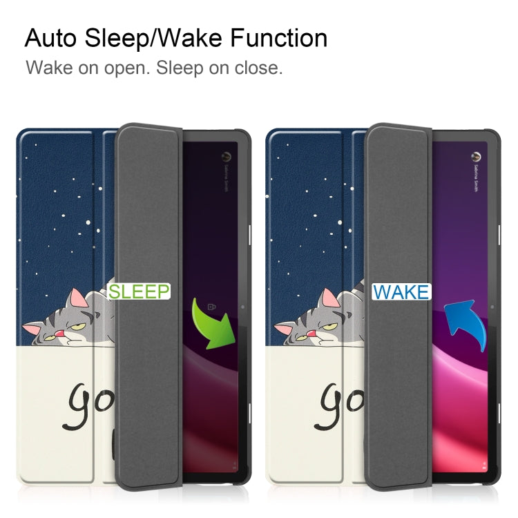 For Lenovo Tab P11 Gen 2 Custer Painted 3-Fold Holder Leather Smart Tablet Case(Lazy Cat) by bashfashion