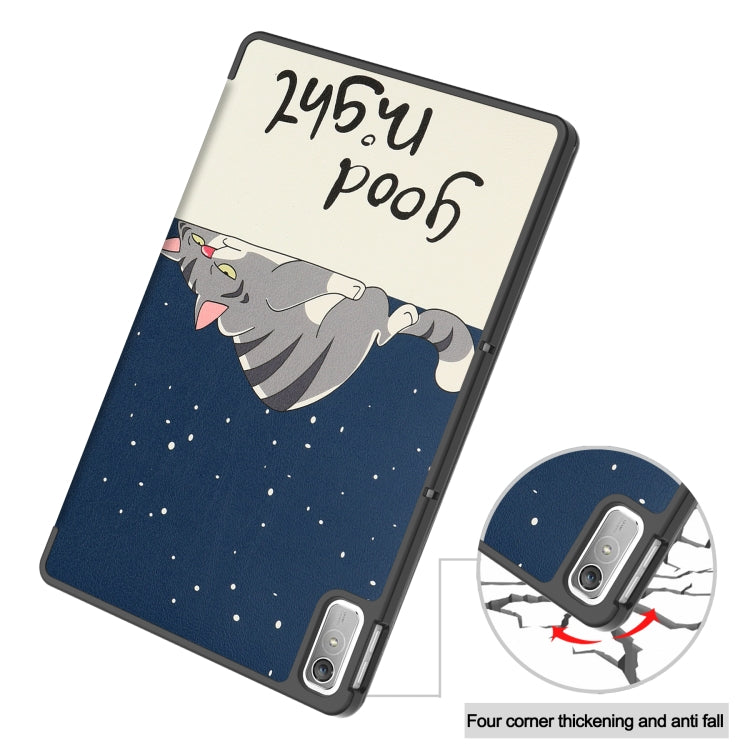 For Lenovo Tab P11 Gen 2 Custer Painted 3-Fold Holder Leather Smart Tablet Case(Lazy Cat) by bashfashion