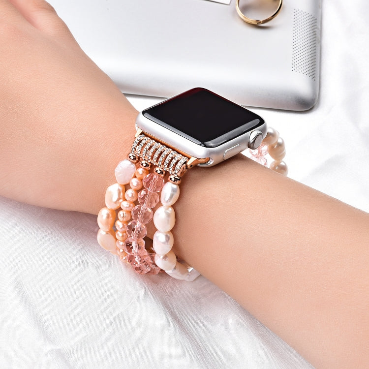 For Apple Watch 5 & 4 40mm / 3 & 2 & 1 38mm Pearl Crystal Watch Band(Pearl + Pink Crystal) by bashfashion