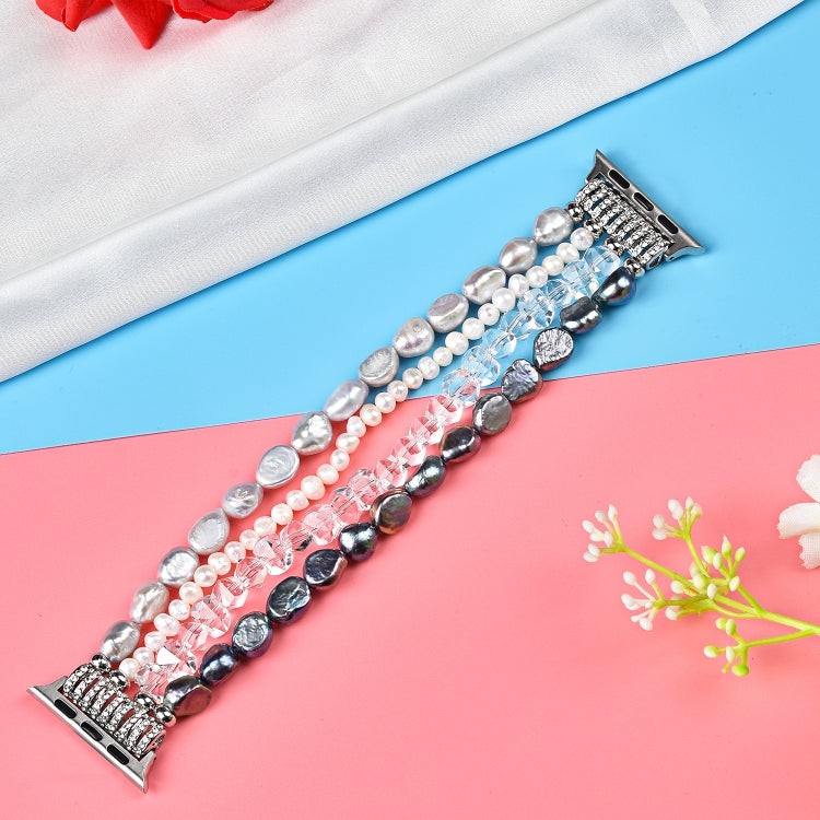 For Apple Watch 5 & 4 44mm / 3 & 2 & 1 42mm Pearl Crystal Watch Band(Pearl + White Crystal) by bashfashion