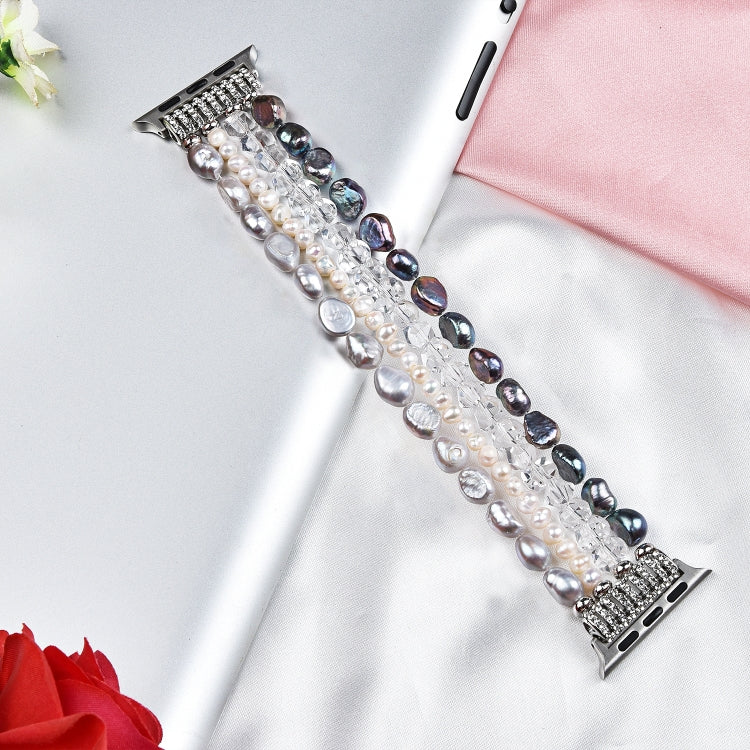 For Apple Watch 5 & 4 44mm / 3 & 2 & 1 42mm Pearl Crystal Watch Band(Pearl + White Crystal) by bashfashion