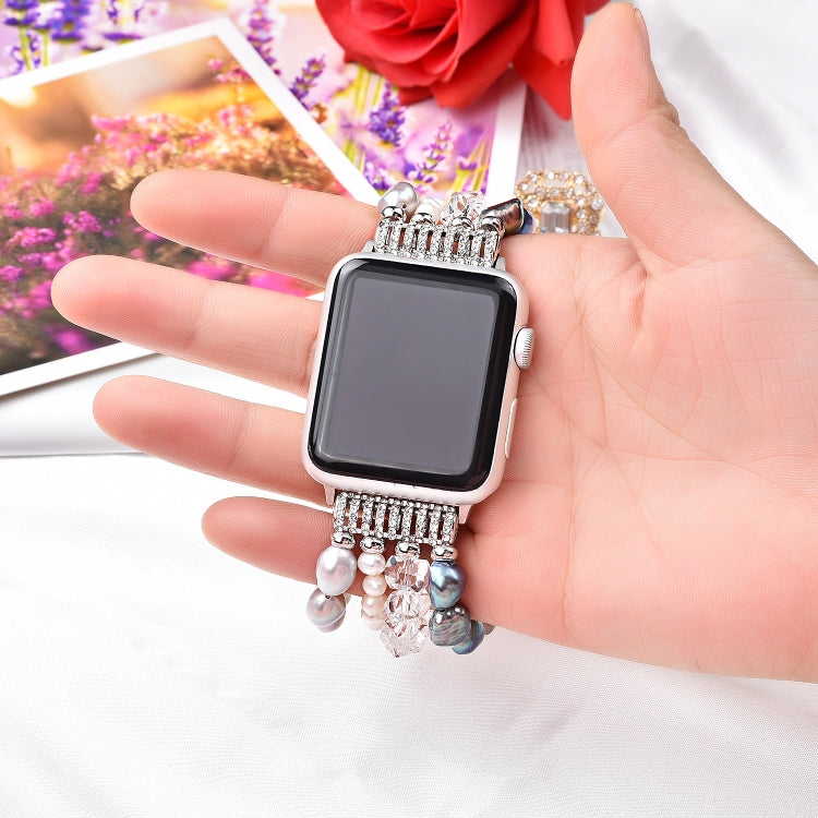 For Apple Watch 5 & 4 44mm / 3 & 2 & 1 42mm Pearl Crystal Watch Band(Pearl + White Crystal) by bashfashion
