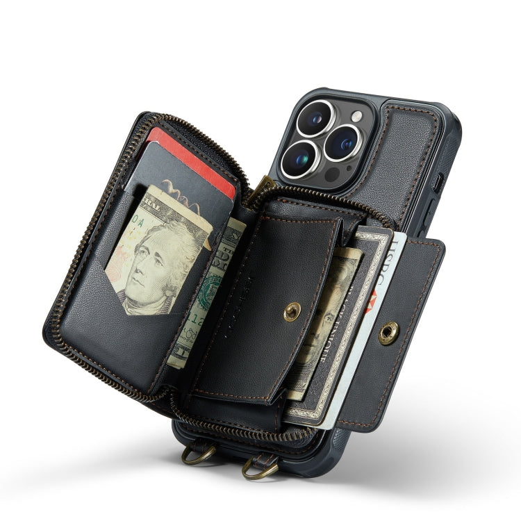 For iPhone 14 JEEHOOD C22 Series Zipper Wallet Phone Case with Long and Short Lanyard(Black) by JEEHOOD