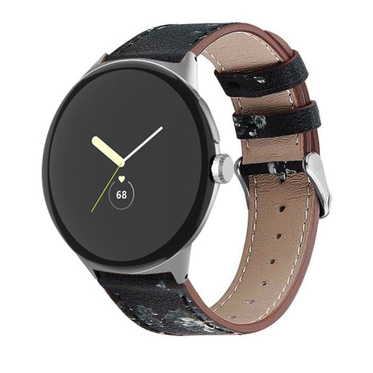 For Google Pixel Watch 1 / 2 / 3 41mm Round Tail Genuine Leather Watch Band(Black White Flower) by bashfashion