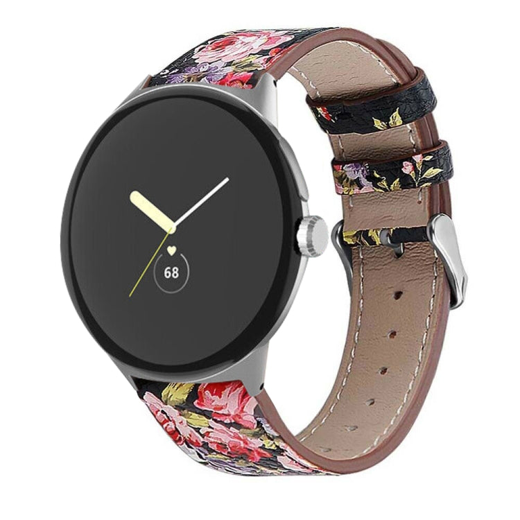 For Google Pixel Watch 1 / 2 / 3 41mm Round Tail Genuine Leather Watch Band(Black Pink Flower) by bashfashion