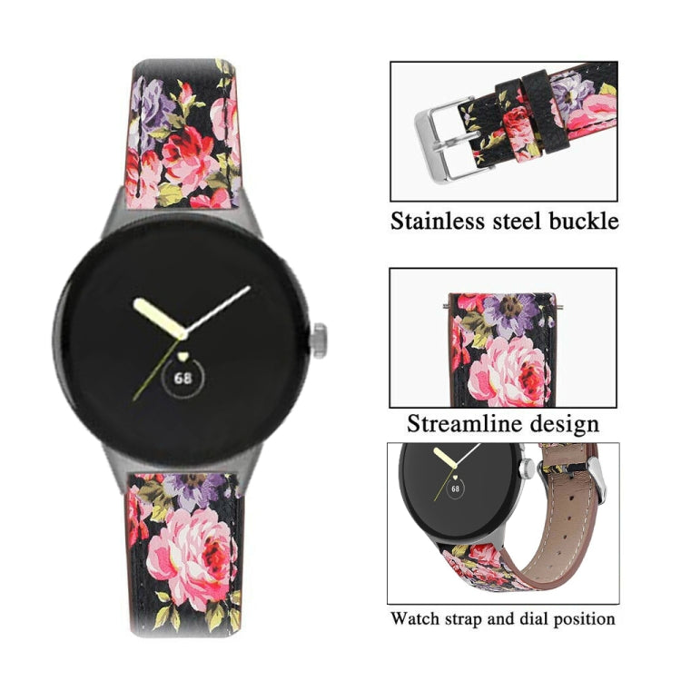 For Google Pixel Watch 1 / 2 / 3 41mm Round Tail Genuine Leather Watch Band(Black Pink Flower) by bashfashion