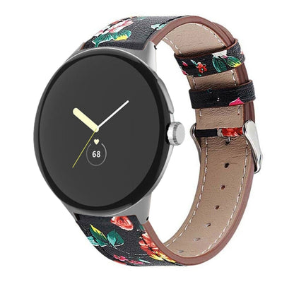 For Google Pixel Watch 1 / 2 / 3 41mm Round Tail Genuine Leather Watch Band(Black Red Flower) by bashfashion
