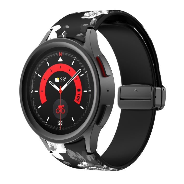 For Samsung Galaxy Watch5 Magnetic Printed Silicone Watch Band(Black and Grey Flower) by bashfashion