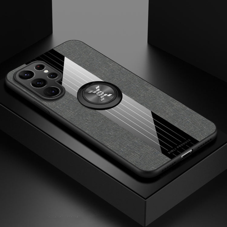 For Samsung Galaxy S22 Ultra 5G XINLI Stitching Cloth Textue TPU Phone Case with Ring Holder(Grey) by XINLI