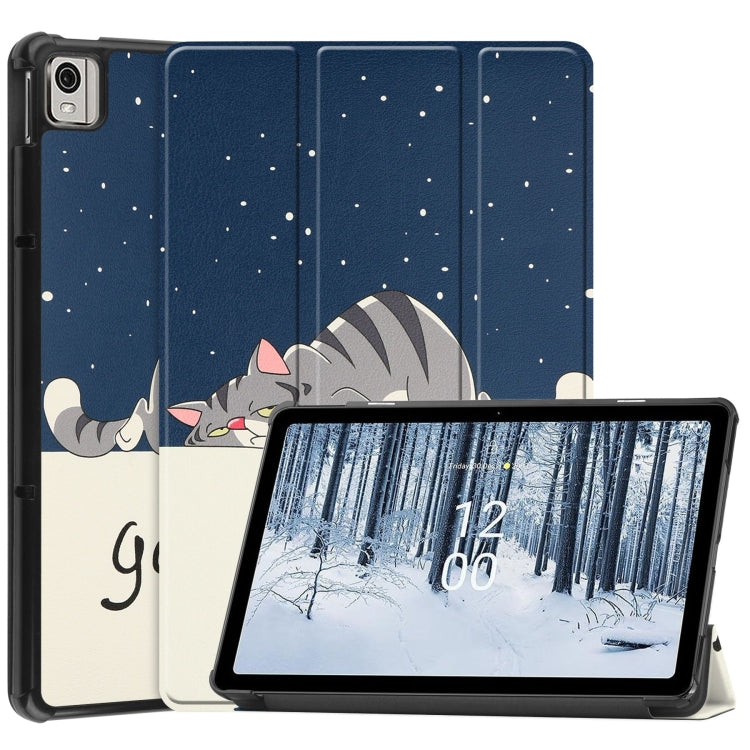 For Nokia T21 Custer Painted 3-Fold Holder Leather Smart Tablet Case(Lazy Cat) by bashfashion