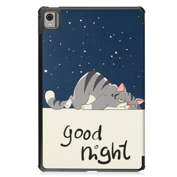 For Nokia T21 Custer Painted 3-Fold Holder Leather Smart Tablet Case(Lazy Cat) by bashfashion