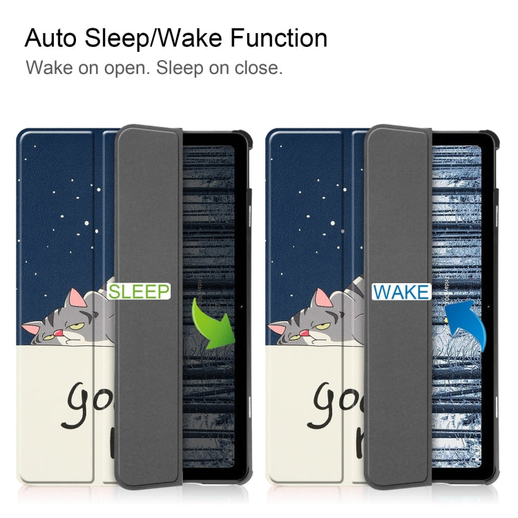 For Nokia T21 Custer Painted 3-Fold Holder Leather Smart Tablet Case(Lazy Cat) by bashfashion