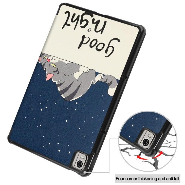 For Nokia T21 Custer Painted 3-Fold Holder Leather Smart Tablet Case(Lazy Cat) by bashfashion