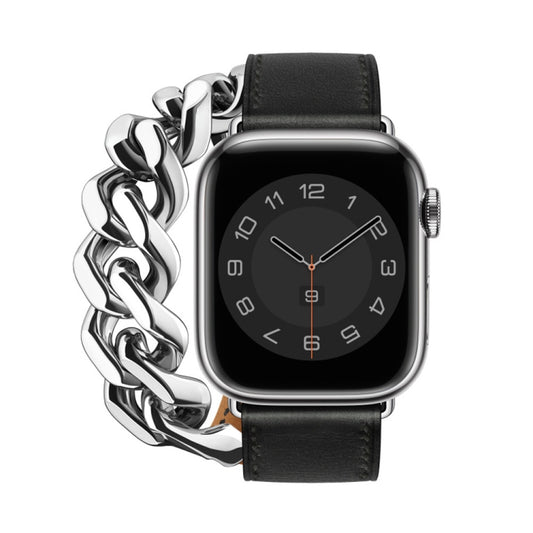 Double Loop Genuine Leather Stainless Steel Watch Band For Apple Watch Ultra 49mm&Watch Ultra 2 49mm / Series 9&8&7 45mm / SE 3&SE 2&6&SE&5&4 44mm / 3&2&1 42mm(Black) by bashfashion