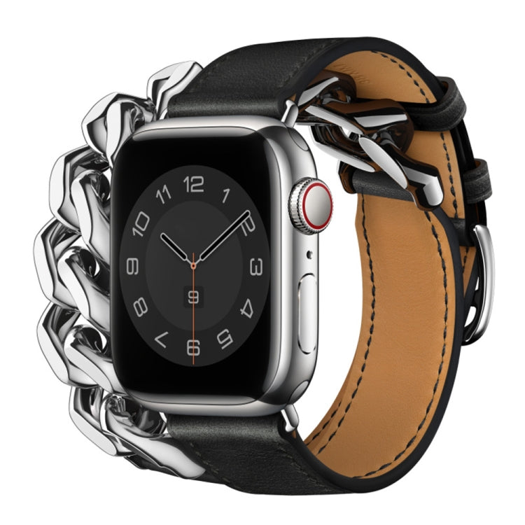 Double Loop Genuine Leather Stainless Steel Watch Band For Apple Watch Series 9&8&7 41mm / SE 3&SE 2&6&SE&5&4 40mm / 3&2&1 38mm(Black) by bashfashion