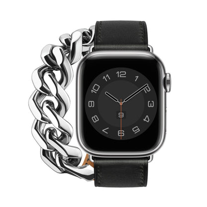 Double Loop Genuine Leather Stainless Steel Watch Band For Apple Watch Series 9&8&7 41mm / SE 3&SE 2&6&SE&5&4 40mm / 3&2&1 38mm(Black) by bashfashion