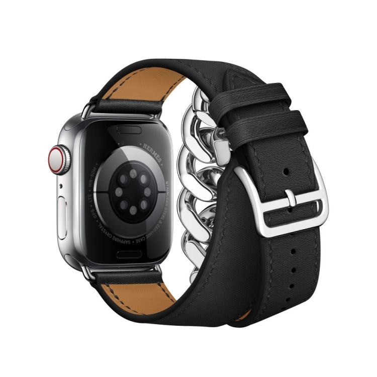 Double Loop Genuine Leather Stainless Steel Watch Band For Apple Watch Series 9&8&7 41mm / SE 3&SE 2&6&SE&5&4 40mm / 3&2&1 38mm(Black) by bashfashion