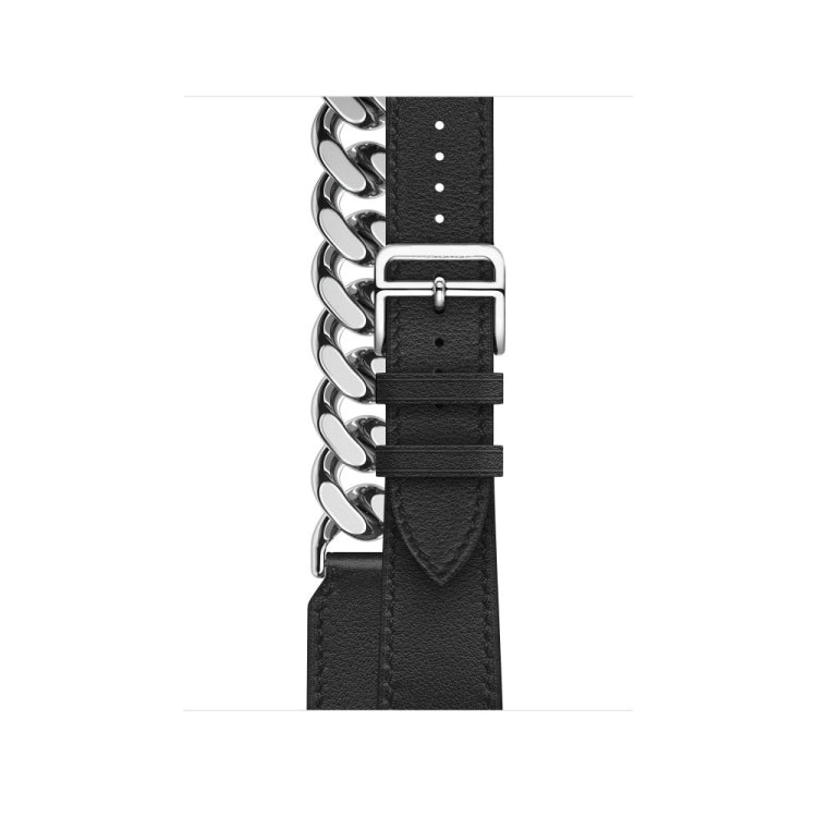 Double Loop Genuine Leather Stainless Steel Watch Band For Apple Watch Series 9&8&7 41mm / SE 3&SE 2&6&SE&5&4 40mm / 3&2&1 38mm(Black) by bashfashion