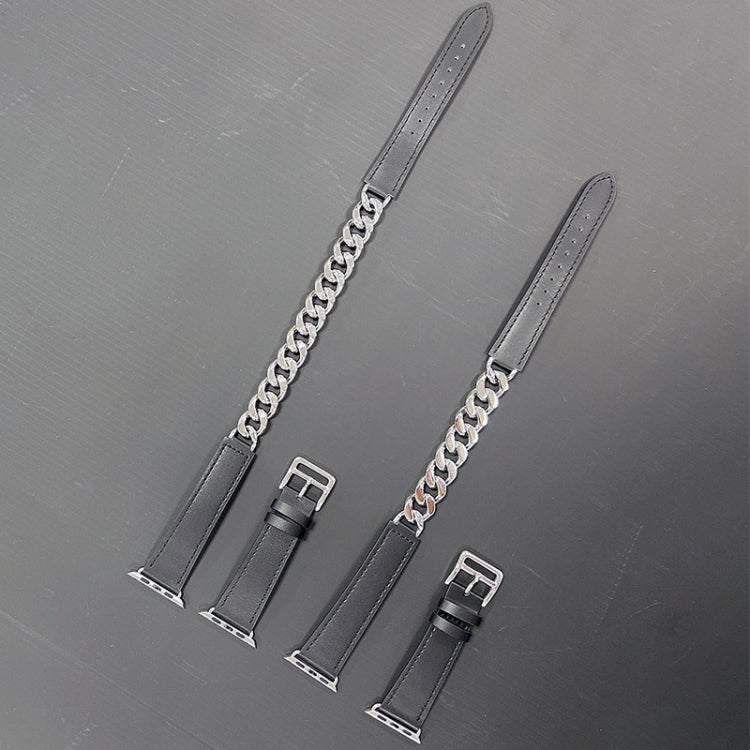 Double Loop Genuine Leather Stainless Steel Watch Band For Apple Watch Series 9&8&7 41mm / SE 3&SE 2&6&SE&5&4 40mm / 3&2&1 38mm(Black) by bashfashion