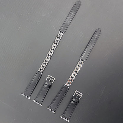 Double Loop Genuine Leather Stainless Steel Watch Band For Apple Watch Series 9&8&7 41mm / SE 3&SE 2&6&SE&5&4 40mm / 3&2&1 38mm(Black) by bashfashion