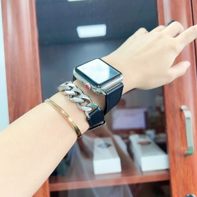 Double Loop Genuine Leather Stainless Steel Watch Band For Apple Watch Series 9&8&7 41mm / SE 3&SE 2&6&SE&5&4 40mm / 3&2&1 38mm(Black) by bashfashion
