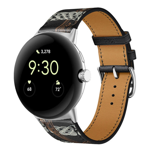 For Google Pixel Watch Genuine Leather Watch Band(Black Print) by bashfashion