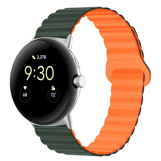 For Google Pixel Watch Reverse Buckle Magnetic Silicone Watch Band(Dark Green Orange) by bashfashion