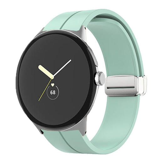For Google Pixel Watch Solid-color Folding Buckle Silicone Watch Band(Silver Mint Green) by bashfashion