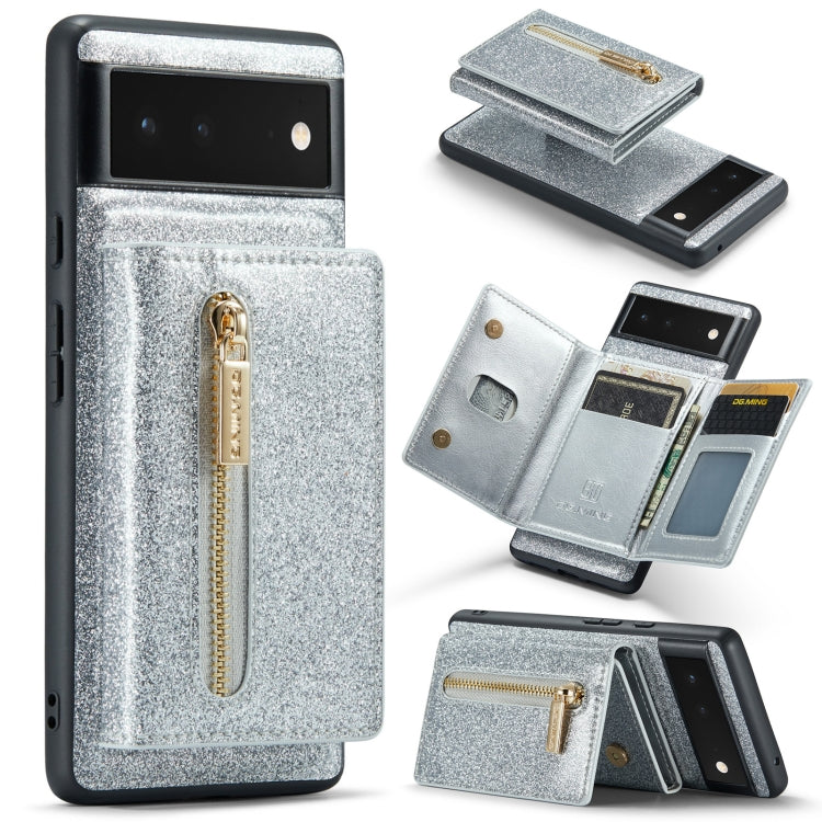 For Google Pixel 6a DG.MING M3 Series Glitter Powder Card Bag Leather Case(Silver) by DG.MING
