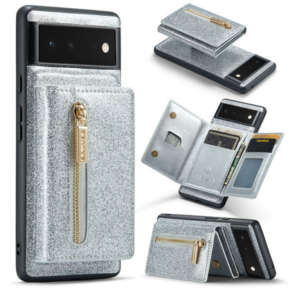 For Google Pixel 6a DG.MING M3 Series Glitter Powder Card Bag Leather Case(Silver) by DG.MING