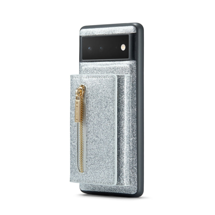 For Google Pixel 6a DG.MING M3 Series Glitter Powder Card Bag Leather Case(Silver) by DG.MING