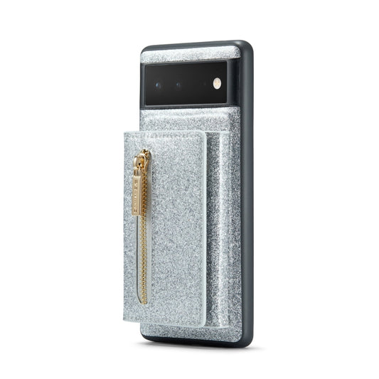 For Google Pixel 6a DG.MING M3 Series Glitter Powder Card Bag Leather Case(Silver) by DG.MING