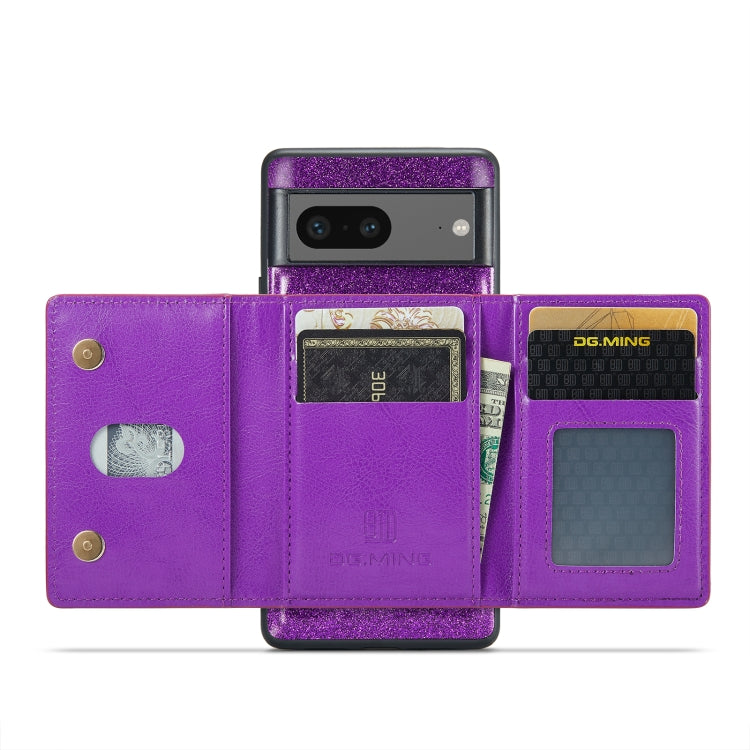 For Google Pixel 7 DG.MING M3 Series Glitter Powder Card Bag Leather Case(Dark Purple) by DG.MING