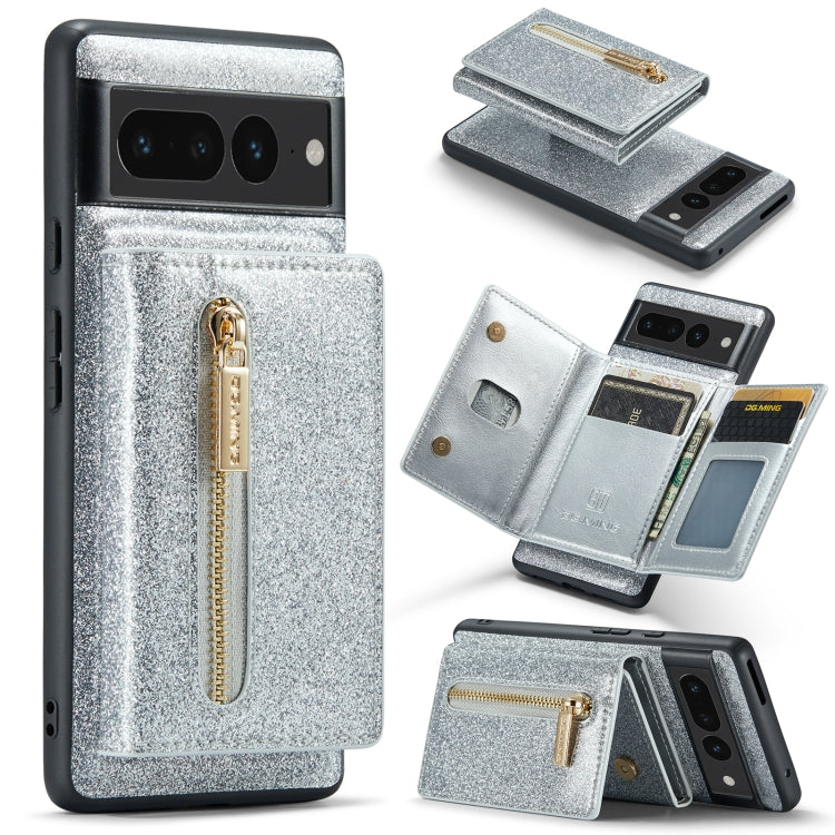 For Google Pixel 7 Pro DG.MING M3 Series Glitter Powder Card Bag Leather Case(Silver) by DG.MING