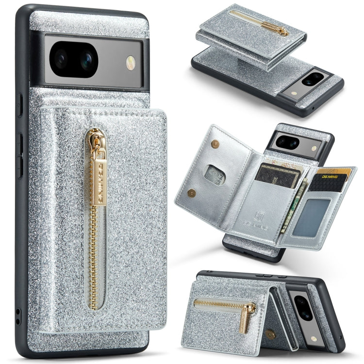 For Google Pixel 7A DG.MING M3 Series Glitter Powder Card Bag Leather Case(Silver) by DG.MING