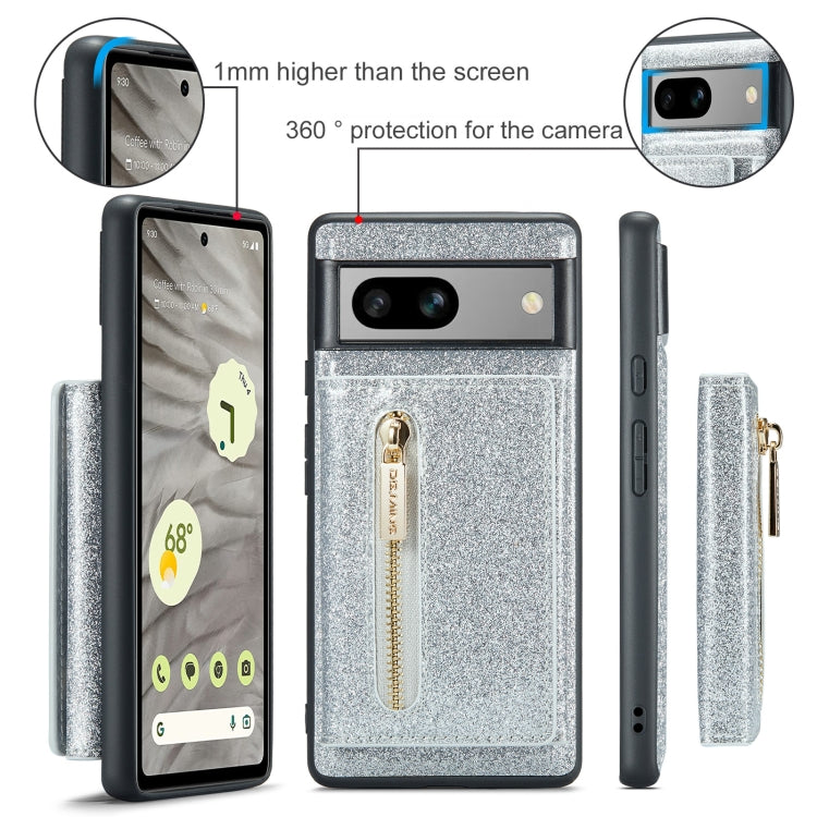For Google Pixel 7A DG.MING M3 Series Glitter Powder Card Bag Leather Case(Silver) by DG.MING