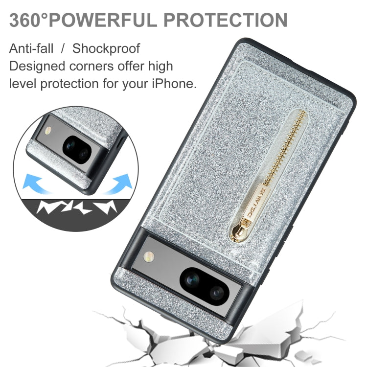 For Google Pixel 7A DG.MING M3 Series Glitter Powder Card Bag Leather Case(Silver) by DG.MING