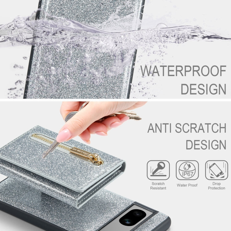 For Google Pixel 7A DG.MING M3 Series Glitter Powder Card Bag Leather Case(Silver) by DG.MING