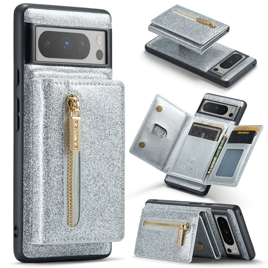 For Google Pixel 8 Pro DG.MING M3 Series Glitter Powder Card Bag Leather Case(Silver) by DG.MING