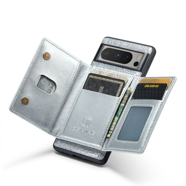 For Google Pixel 8 Pro DG.MING M3 Series Glitter Powder Card Bag Leather Case(Silver) by DG.MING