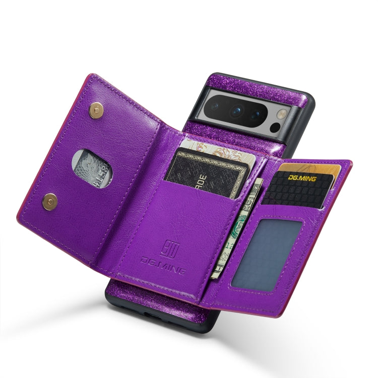 For Google Pixel 8 Pro DG.MING M3 Series Glitter Powder Card Bag Leather Case(Dark Purple) by DG.MING