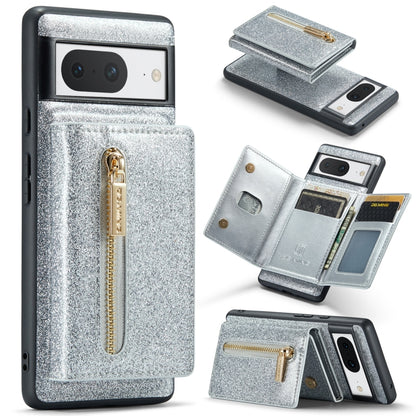 For Google Pixel 8 DG.MING M3 Series Glitter Powder Card Bag Leather Case(Silver) by DG.MING